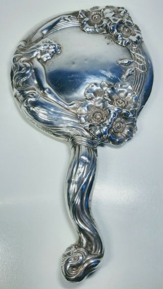 Circa 1900 Unger Brothers Art Nouveau Sterling Silver Maiden Hand Mirror