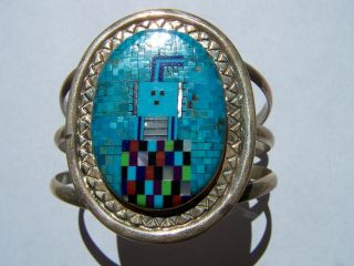 Vintage Zuni Sterling Silver And Mosaic Cuff Bracelet.