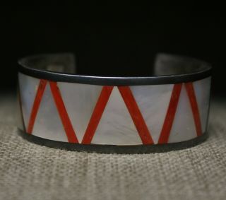 Vintage Native American Zuni Coral Sterling Silver Cuff Bracelet