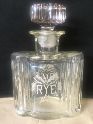 Vintage Glass Rye Whiskey Decanter W Stopper Cocktail Accessory Bar Service Ware