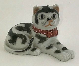 Vintage Black Cat Figurine Hp Porcelain Japan Perfume Bottle Or Ink Well & Lid