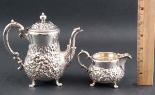 Small Antique Wj Braitsch & Co Repousse Sterling Silver Coffeepot & Creamer