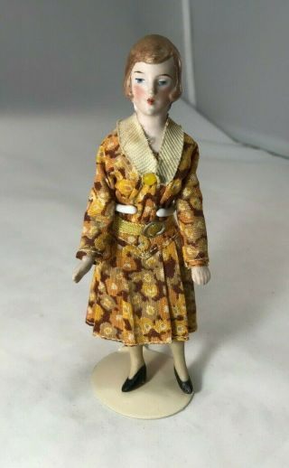Antique German Bisque Lady With Flower Dress And Blue Dangle Earrings