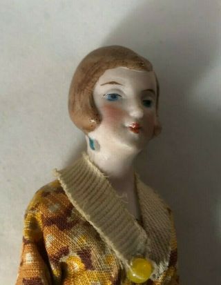 Antique German Bisque Lady with Flower Dress and Blue Dangle Earrings 3