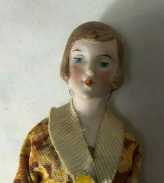 Antique German Bisque Lady with Flower Dress and Blue Dangle Earrings 4