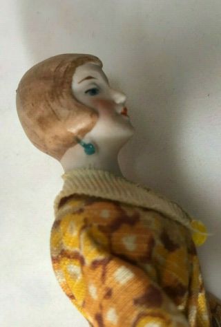 Antique German Bisque Lady with Flower Dress and Blue Dangle Earrings 5