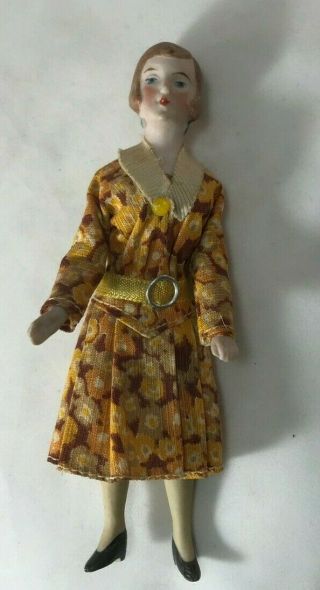 Antique German Bisque Lady with Flower Dress and Blue Dangle Earrings 8