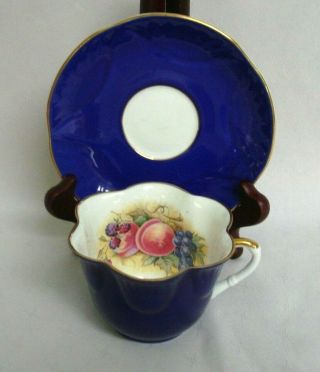 Vintage Crown Staffordshire Cobalt Blue & Fruit Cup & Saucer J.  A.  Bailey 1