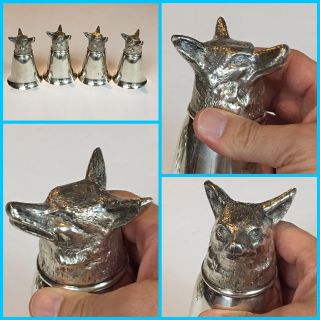 Vintage Antique Wolf Head Dog Silver - Plate Metal Drinking Glass Goblet Set Of 4