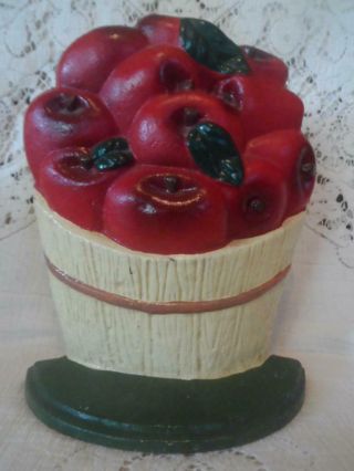 Vintage Antique Enameled Cast Iron Basket Of Apples Fruit Standing Door Stop