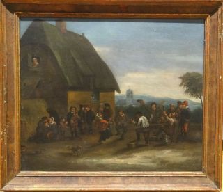 17th 18th Century Dutch Old Master Peasants Street Scene Tavern Antique Painting