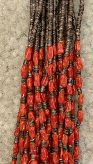 Vintage Native American Heishi Necklace 20 Strands Coral & Brown Shell.