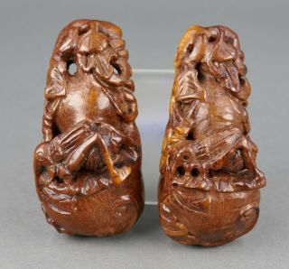 Fine Old Pair Chinese Carved Wood Cricket On Gourd Seal Chop Necklace Pendant