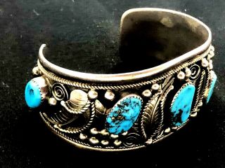 Vintage Native American Navajo Sterling Silver Turquoise Bracelet Signed YAZZIE 4