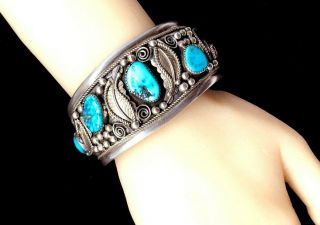 Vintage Native American Navajo Sterling Silver Turquoise Bracelet Signed YAZZIE 8