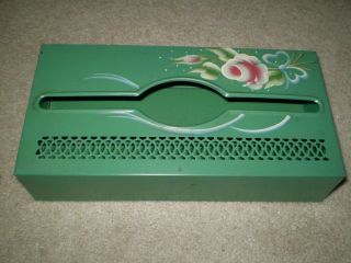 Vtg Tole Hand Painted Tissue Box Holder Floral Wall Mounted Green / Shabby Chic