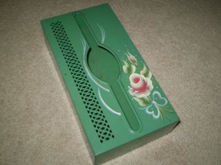 VTG TOLE Hand Painted Tissue Box Holder Floral Wall Mounted Green / Shabby Chic 2