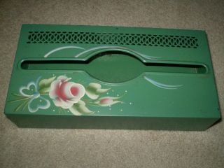 VTG TOLE Hand Painted Tissue Box Holder Floral Wall Mounted Green / Shabby Chic 3