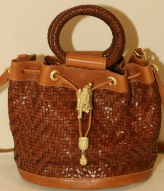 Barry Kieselstein - Cord Vintage Brown Leather Woven Frog Draw String Bucket Bag