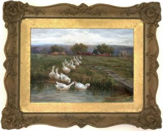 Geese At The Village Stream Antique Oil Painting By William Henderson (1844 - 1904