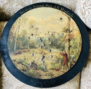 Antique German Wooden Shooting Target Oil Painting Hunting Scene From 1898