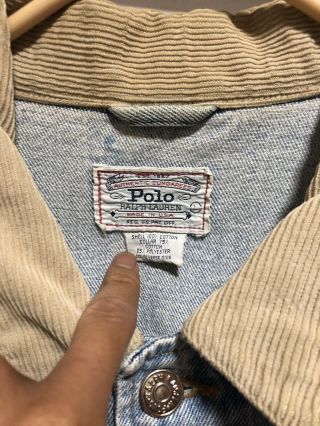 Vintage Polo Ralph Lauren Indian Head Denim Jacket Mens Large Corduroy Collar 3