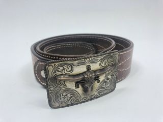 Ralph Lauren Vintage Rrl Western Hand Tooled Silver Buckle Leather Belt 36 Moose