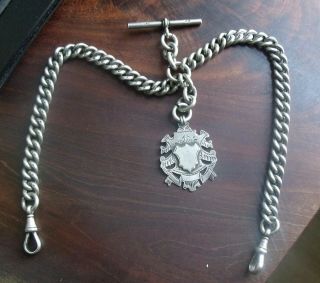 Antique Sterling Silver Double Albert Pocket Watch Chain & Fob,  80.  6 Grams