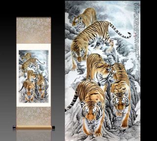 Chinese Silk Scroll Painting Tiger Home Office Decoration (招财五虎图)