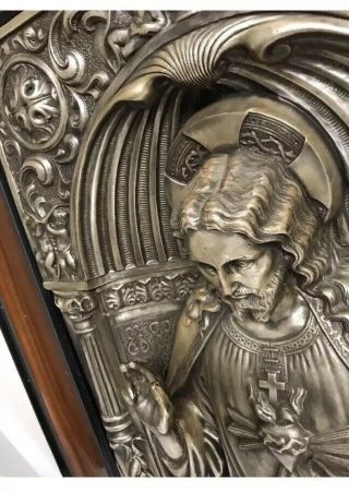 LARGE VTG SILVERPLATE COPPER REPOUSSE JESUS SACRED HEART RELIEF FRAMED 5