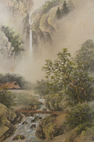 A09j4 Waterfall Mountain River Scenery Japanese Hanging Scroll