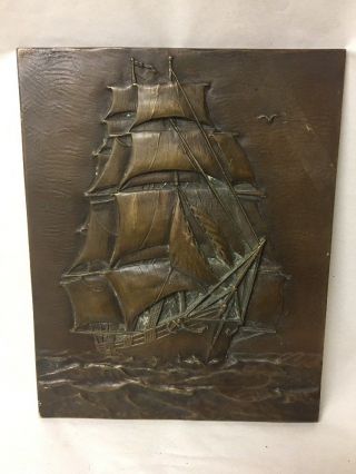 Vtg Bronze Relief Plaque Sculpture Sail Ship Boat,  Signed W.  Pens Sc