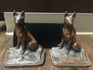 Rare Antique German Shepard Dog Copper Bronze Bookends War Dog Estate