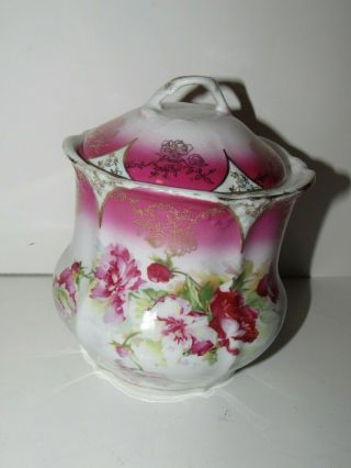 Vintage Porcelain Biscuit Cracker Jar Hand Painted With Lid Pink Floral