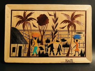 Vintage Colorful Marquetry Wooden Inlay Wall Hang Picture Haiti Outdoor Scene
