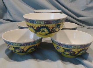 Six Vintage Chinese Porcelain Food Bowls,  Green Five Clawed Dragons Etc