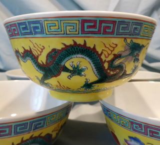 Six Vintage Chinese Porcelain Food Bowls,  Green Five Clawed Dragons etc 2