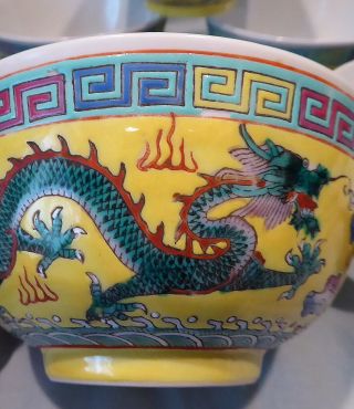 Six Vintage Chinese Porcelain Food Bowls,  Green Five Clawed Dragons etc 5