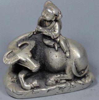Handwork Old Collectable Miao Silver Carve Child Ride Bull Tibet Precious Statue