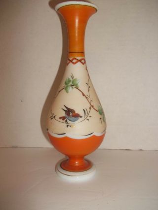 Vintage Hand Blown Milk Glass Hp Sparrow Bird Footed Vase Art Deco Orange