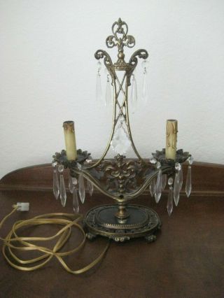 Vintage - Antique / Metal Table Lamp / With Glass Prisms