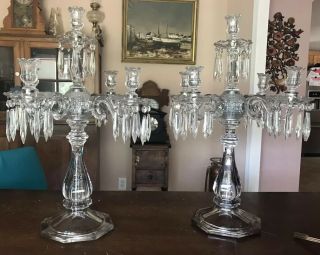 Rare Heisey Glass Old Williamsburg 5 Light Candelabra Pair W/ Prisms 25” Tall