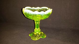 Rare Fenton Bevelled Vaseline Glass 5 " Compote Yelow Green Opaque Opalescent Top