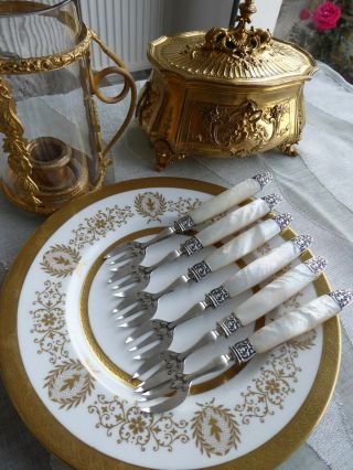 Paris France Mother Of Pearl And 800 Silver Oyster Cocktail Forks Set Of 6