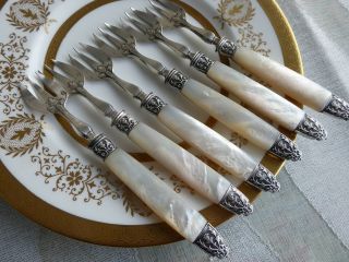 PARIS FRANCE Mother of Pearl and 800 Silver Oyster Cocktail Forks Set of 6 2