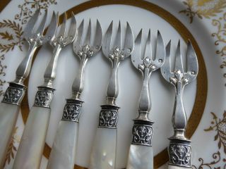 PARIS FRANCE Mother of Pearl and 800 Silver Oyster Cocktail Forks Set of 6 3