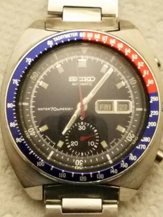 VTG 1970 Seiko 6139 - 6009 Auto Chronograph Pepsi Matte Black Suwa 17J Dial Watch 2