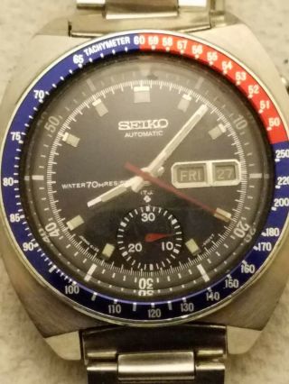 VTG 1970 Seiko 6139 - 6009 Auto Chronograph Pepsi Matte Black Suwa 17J Dial Watch 3