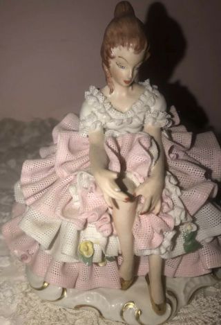 Antique DRESDEN Porcelain BALLERINA Lady FIGURINE White Pink Draped LACE Germany 2