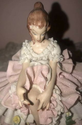 Antique DRESDEN Porcelain BALLERINA Lady FIGURINE White Pink Draped LACE Germany 3